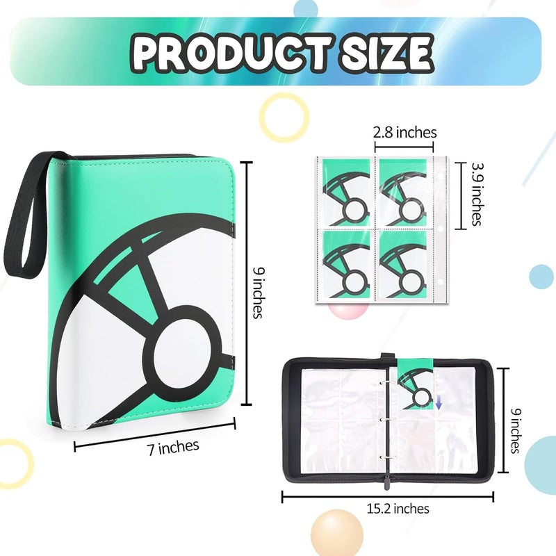 LOYEE Trading Card Binder 4-Pockets, 400 Pockets Card Holder with 50 Removable Sleeves, Large Capacity & Waterproof Zipper Album Holder for Trading Card Collector, Portable Card Album Book for Card-Green - Image 2